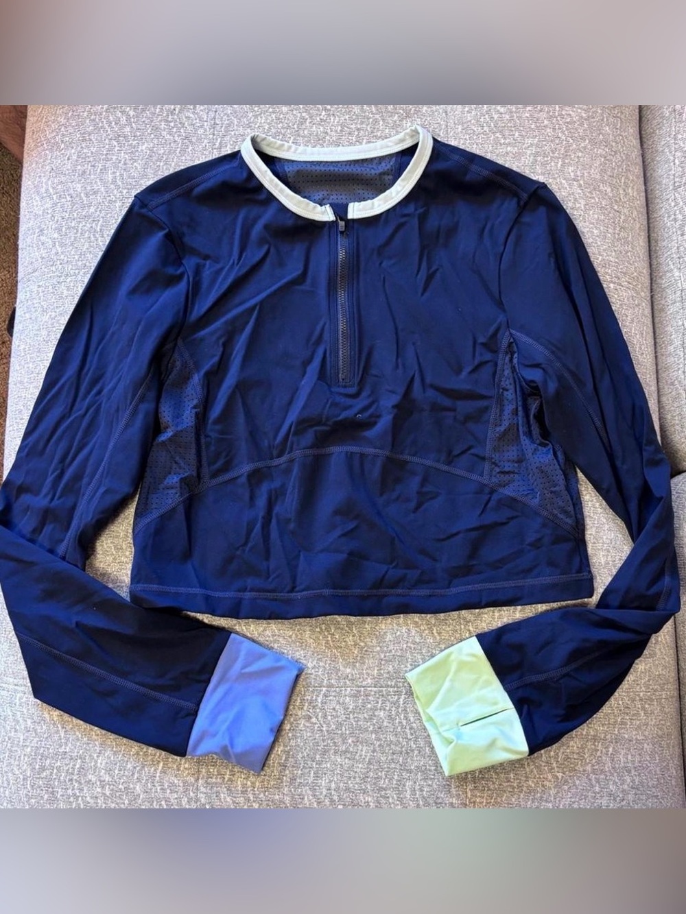 Sweaty Betty Navy Zip-Front Performance Sweater with Contrasting Cuffs